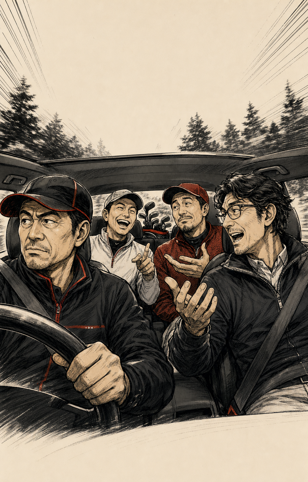 車内は、テンション最高潮。を描いた4人の劇画イラスト