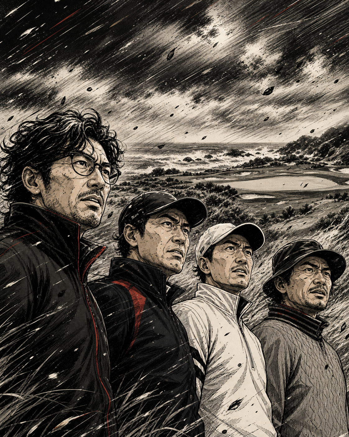 果たして、4人の運命はいかに！を描いた4人の劇画イラスト
